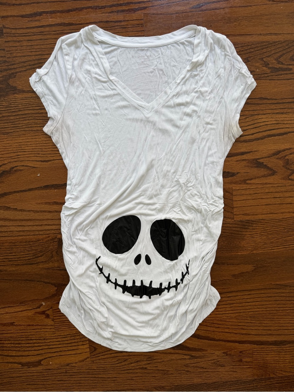 White V-Neck Tee with Black Jack Skellington Face
